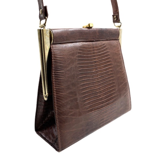 Vintage Brown Exotic Lizard Skin Kiss Lock Handbag - Picture 5 of 10
